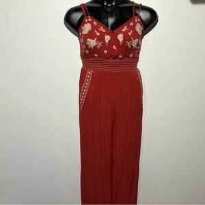 Dex Dainty Embroidered Relaxed Leg Plunging Neckline Jumpsuit Rustic Orange Sz S